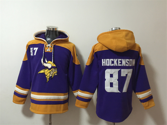 Men's Minnesota Vikings #87 T.J. Hockenson Purple/Yellow Ageless Must-Have Lace-Up Pullover Hoodie